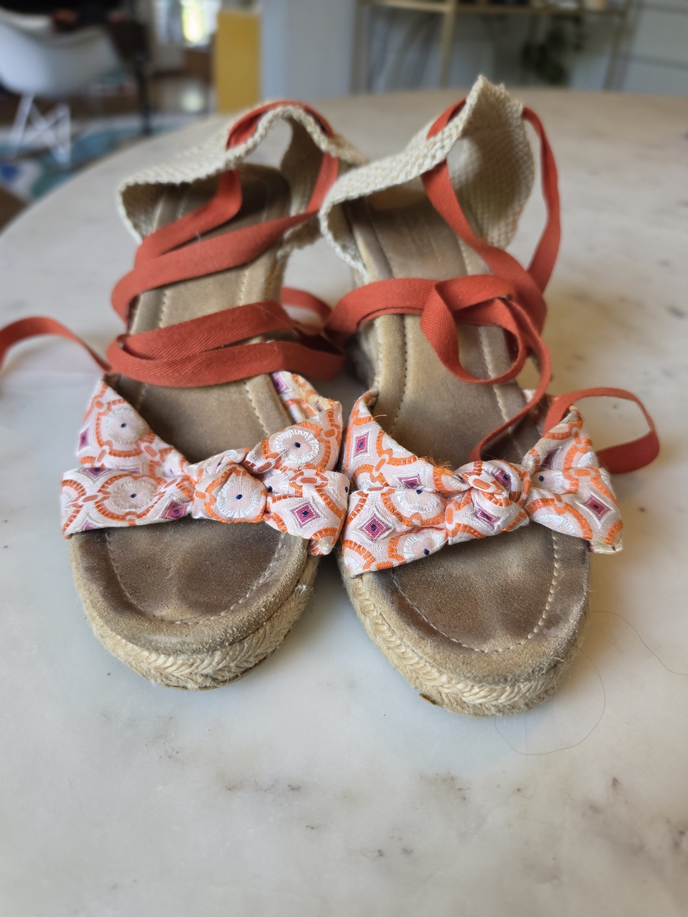 J. Crew Orange Patterned Espadrille Wedge Sandals w/ Orange Tie Straps Size 7.5